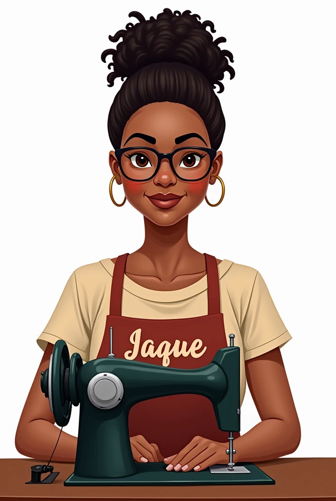 Drawing of a black Brazilian mother woman with curly hair tied up wearing glasses with a sewing machine and a white background with her name on the apron Jaque