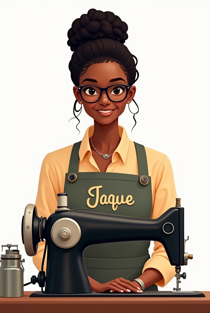 Drawing of a black Brazilian woman with curly black hair tied up a little to the side With glasses Sewing on the sewing machine White background Apron with name Jaque Image with color