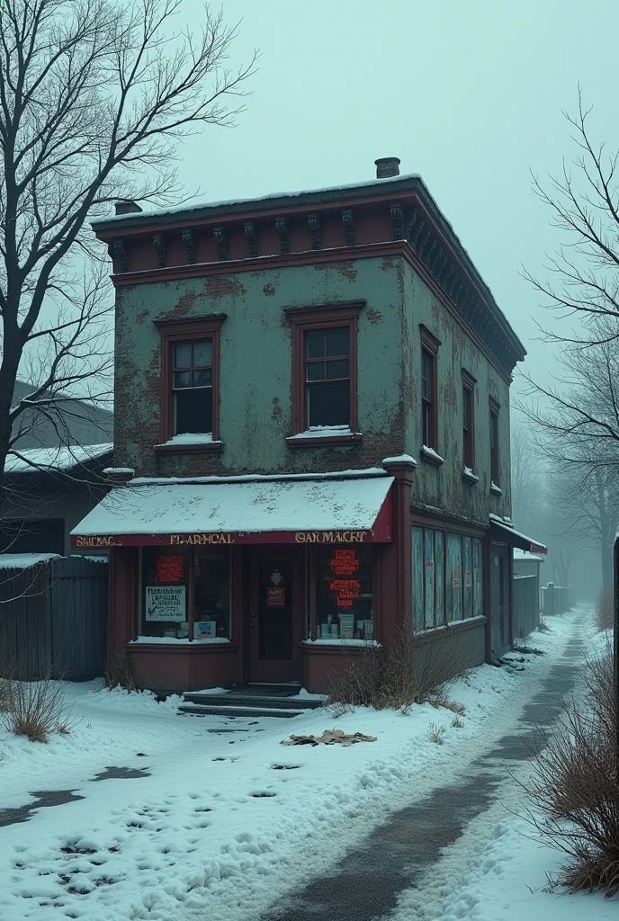 abandoned pharmacy in winter. zombie apocalypse theme