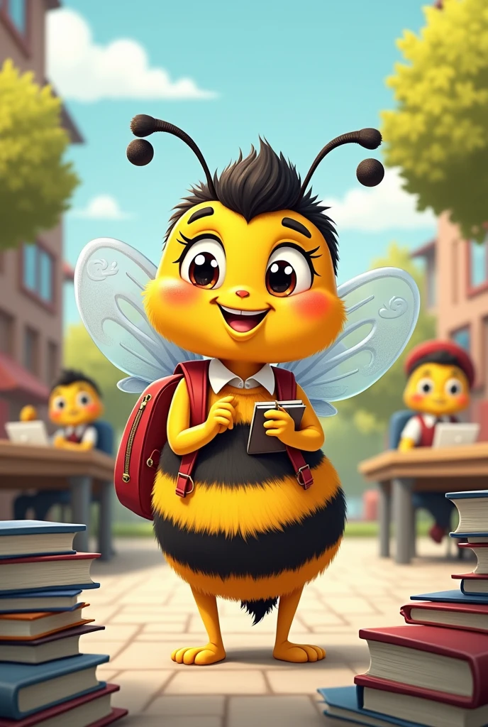 Create an image of a Cartoon Bee that It Is an university student
