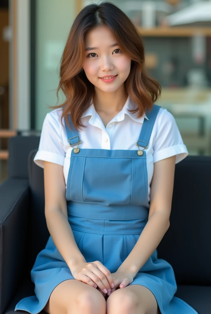 8K, masterpiece, ultra HD, intricate detailed, highly detailed, high contrast, RAW photo, best quality, A beautiful asian girl, 22 years, wearing school uniform consisting of a white short-sleeved shirt tucked into a azure blue pinafore mini dress. The dress has wide straps and reaches just above the knees, Sitting on outdoor cafe shop, comfortable black sofa, front view, bare legs, open your legs, Blured background, depth of field, Slim body, slender legs, slim muscular body, small breast, shoulder length hair, wavy hair, light brown color hair
