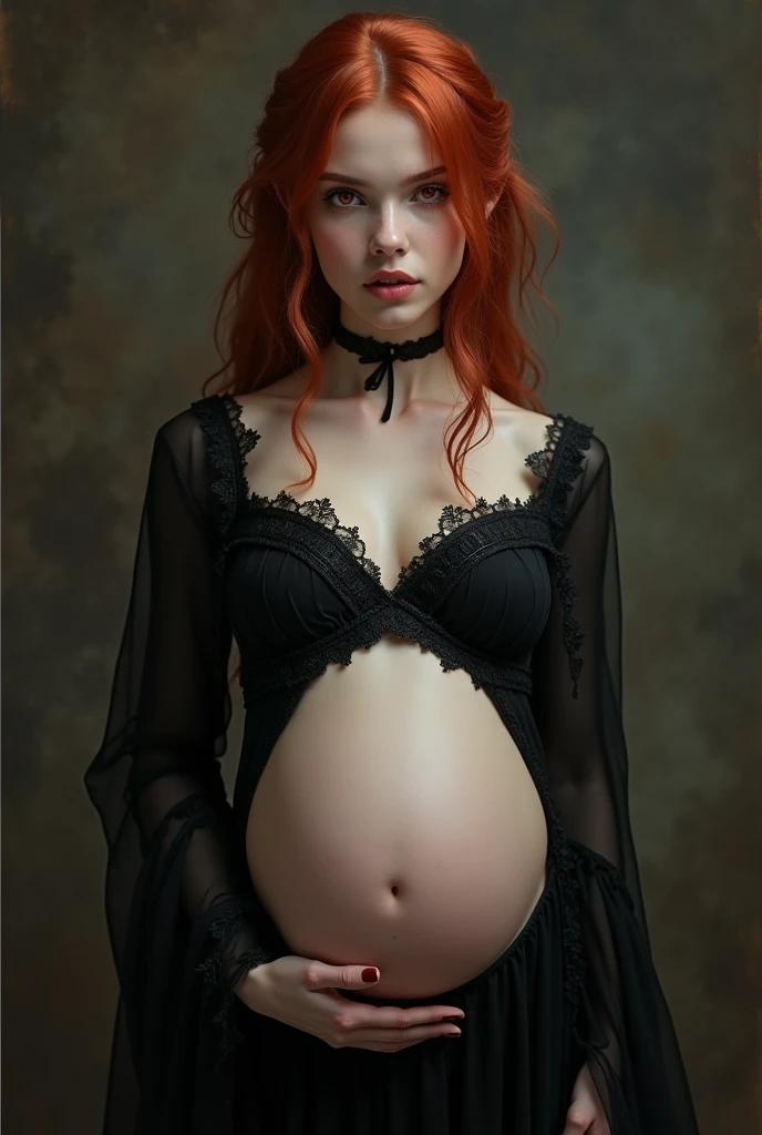 It would be a girl who is pregnant , about 5 ,
Who has marked hair , crimson red eyes , Pale skin and so pretty with somewhat elegant clothes with dark colors