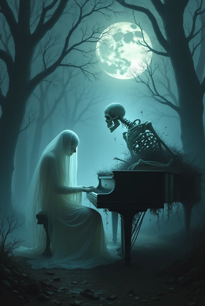 A piano made of bones, being played by a ghostly figure in a dark, foggy forest.