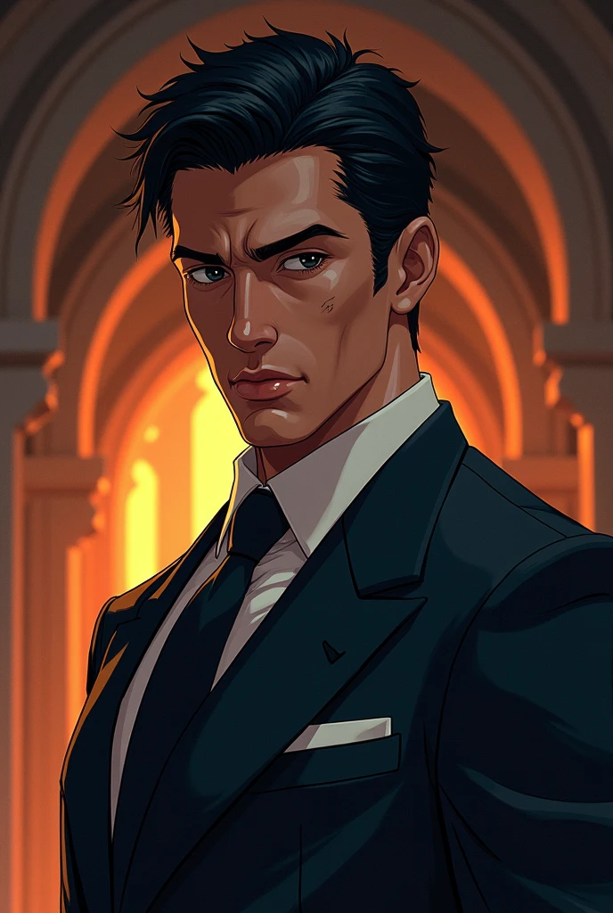 A man with a striking and imposing appearance, reflecting their discipline and determination. He has about 1,85 metro de altura, with an athletic and muscular build, result of years of rigorous martial arts training and intense physical activity. His broad shoulders and erect posture exude confidence and strength.. His face is angular and well defined, with prominent cheekbones and a strong chin. He has dark, piercing eyes, that convey a mixture of intensity and mystery. Your eyebrows are thick and well defined., adding a serious and focused expression to your gaze. Her hair is black as night, cut short and practical, but with a touch of style that enhances your personality. Despite his often stern appearance, your lips may curve into a warm, genuine smile. He has slightly tanned skin, result of outdoor activities and frequent trips to different parts of the world. He usually dresses simply, yet elegant, preferring clothes that allow mobility and comfort. however, in situations that require formality, he wears tailored suits that accentuate his imposing, well-groomed figure. He has some discreet scars spread across his body., memories of past missions and battles fought. Every scar carries a story, a testament to his double life as a security consultant and hitman. These marks are hidden under your clothes. Secret base in the background. anime styling.