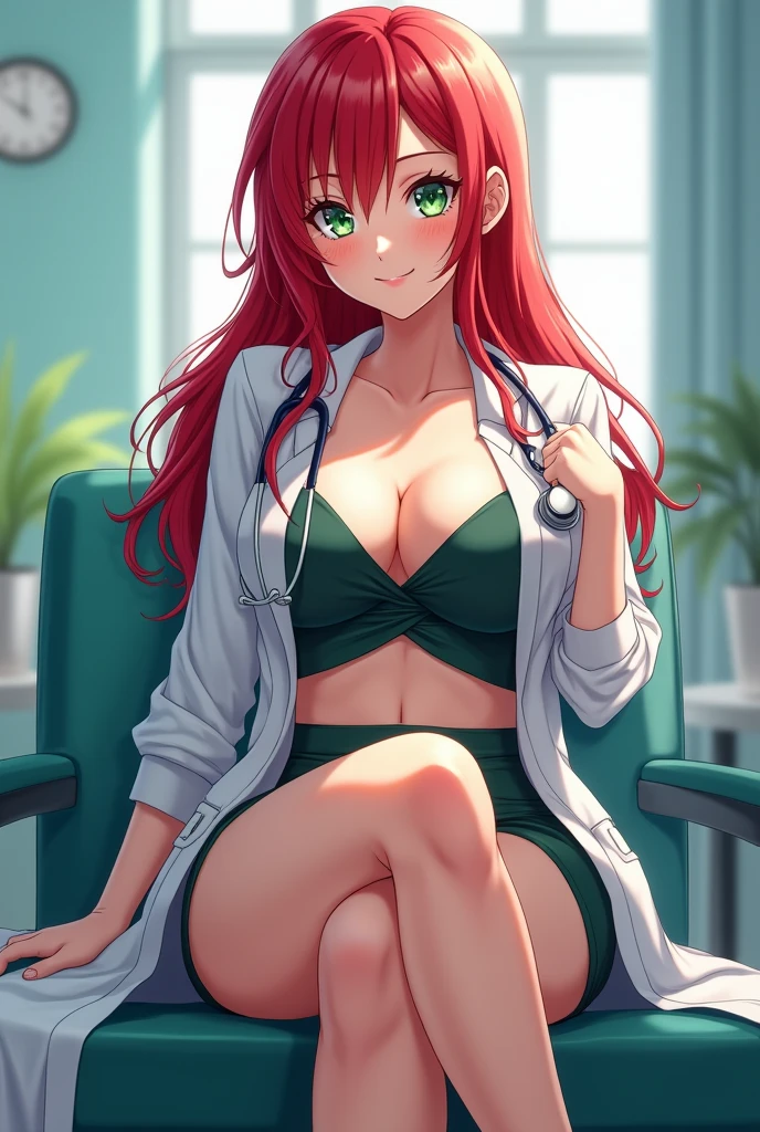 anime style sexy long red head green eyes big huge breasts very cleavage short shirt and tight short skirt medical doctor woman caring full body viewing sitting sexy big ass leg on leg listening smiling pretty brightly curvy ass