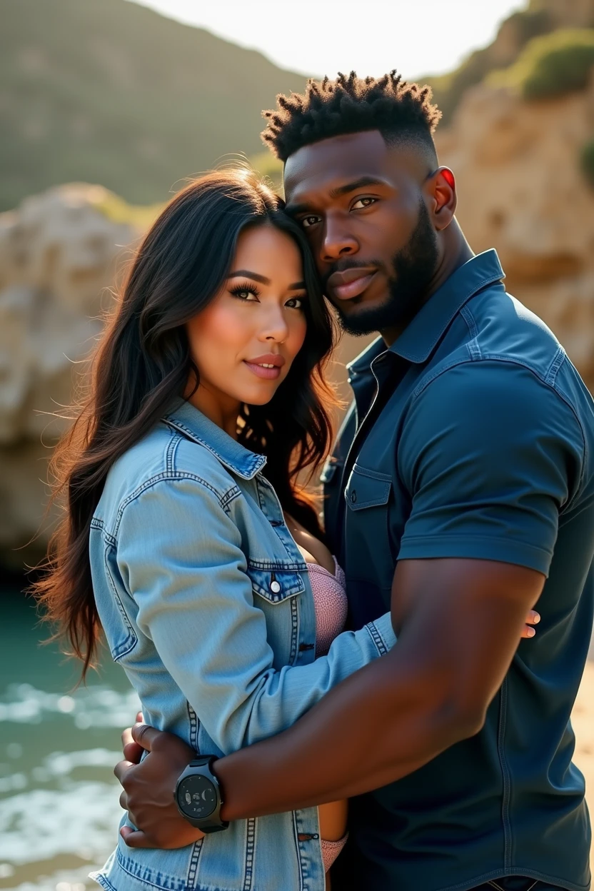 A photo of Tina Nguyen, an Asian woman at Howard university. She is Asian and Curvy as hell wearing a bikini. Hanging with her athletic African American linebacker boyfriend at the beach in (swimwear:1.5)