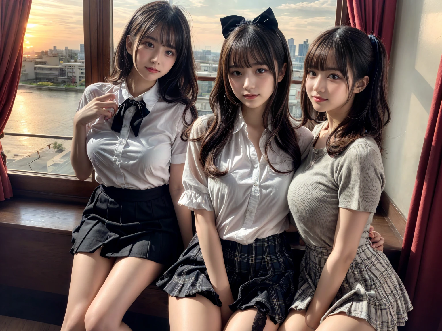 masterpiece, best quality, illustration, Super detailed, fine details, High resolution, 8K,wall paper, perfect dynamic composition,(Details High quality, realistic depiction of eyes:1.3), (2 girls), short hair, (wavy hair:1.2), (Ruffled shirt、)(Checked mini skirt、red、black、),  pony tail hair, huge breasts,  black hair color, Big Natural Color Lip, bold sexy pose, crying a little、little smile, Harajuku style、20 year old girl、cute type、lolita、beautiful legs, hotel room, full body photo、focus on crotch, hposing Gravure Idol, Sexy shot looking at camera, Sunset, by the window, Summer, knee sox, make up, Curve