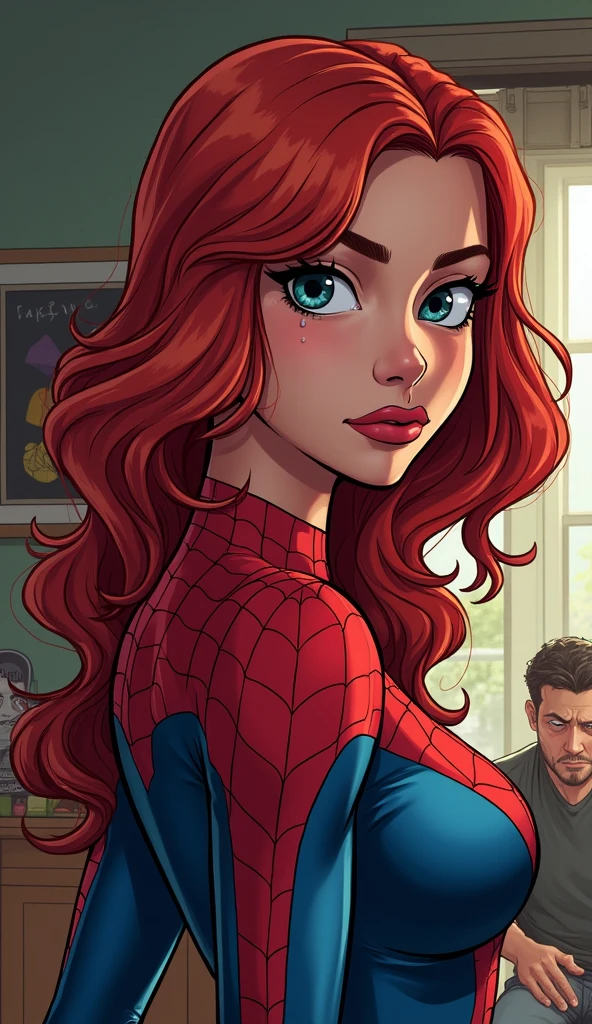 modern style comics books, close -up portrait for merry jane through bock on peter parker in the house peter parker sad, crying