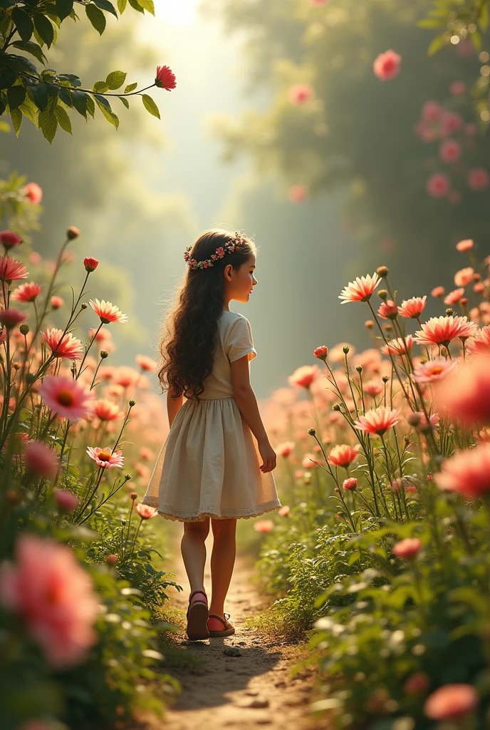 a girl walking in a flower garden, detailed flowers, detailed foliage, detailed background, intricate botanical elements, vibrant colors, lush greenery, warm lighting, detailed hair, detailed clothing folds, (best quality,4k,8k,highres,masterpiece:1.2),ultra-detailed,(realistic,photorealistic,photo-realistic:1.37),highly detailed illustration, digital art, soft lighting, muted tones, whimsical, dreamlike, serene atmosphere