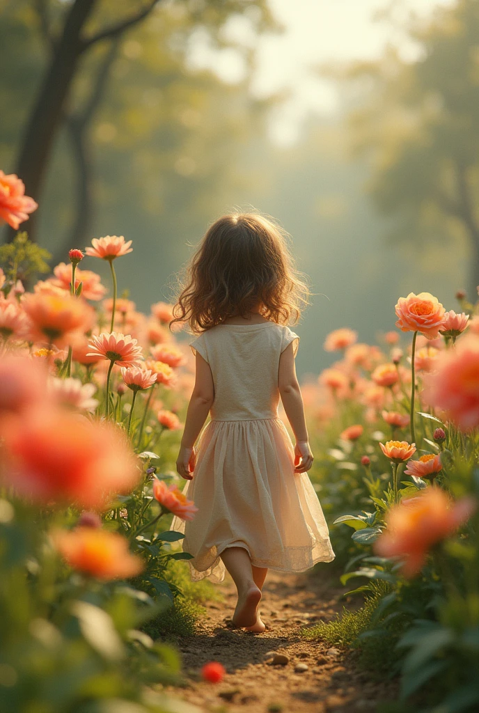 a girl walking in a flower garden, detailed flowers, detailed foliage, detailed background, intricate botanical elements, vibrant colors, lush greenery, warm lighting, detailed hair, detailed clothing folds, (best quality,4k,8k,highres,masterpiece:1.2),ultra-detailed,(realistic,photorealistic,photo-realistic:1.37),highly detailed illustration, digital art, soft lighting, muted tones, whimsical, dreamlike, serene atmosphere