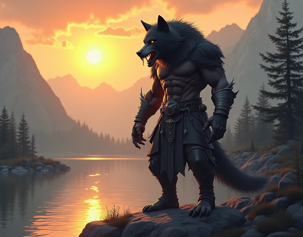 Create an epic scene with a werewolf warrior in a mountainous landscape at sunset. The impressive, muscular warrior wears detailed armor with leather and metal elements, which highlight his colossal arms and torso. His thick, black fur. His head is that of a ferocious wolf, with glowing eyes and a determined expression, drops of blood dripping from his fangs. He stands on a rock, looking forward majestically, while the sun sets behind him, illuminating the sky in orange and gold hues. In the background, a serene lake reflects the tree-covered mountains, creating a perfect contrast between the warrior's ferocity and the peace of the natural landscape.