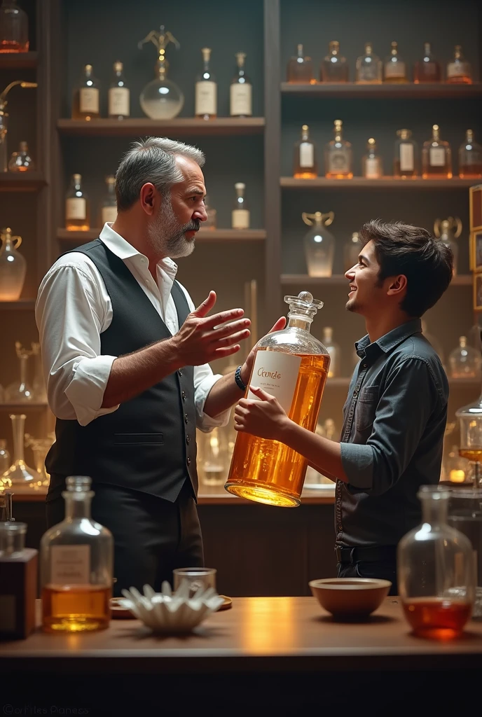 Master perfumer shouting exasperated and angry that the giant bottle the young man has in his hands is pure alcohol from afar