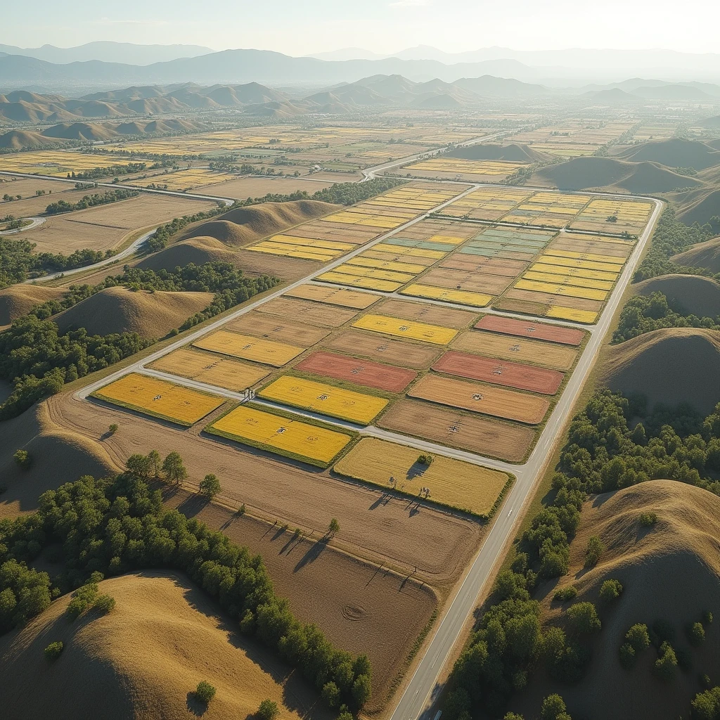 An aerial photo of the land with some lots marked