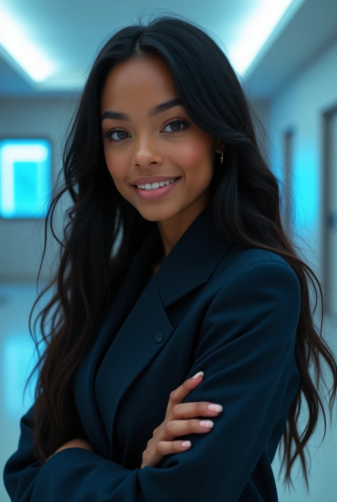 hyper realistic portrait of skai Jackson, 19 years old, with long flowing black hair and brown eyes. She should have a natural, approachable expression and be lit by soft, blue light, canon eos r5, raw format, wearing acne studios, skilled in robotics, background is a large modern mansion with scientific laboratory, full body, center