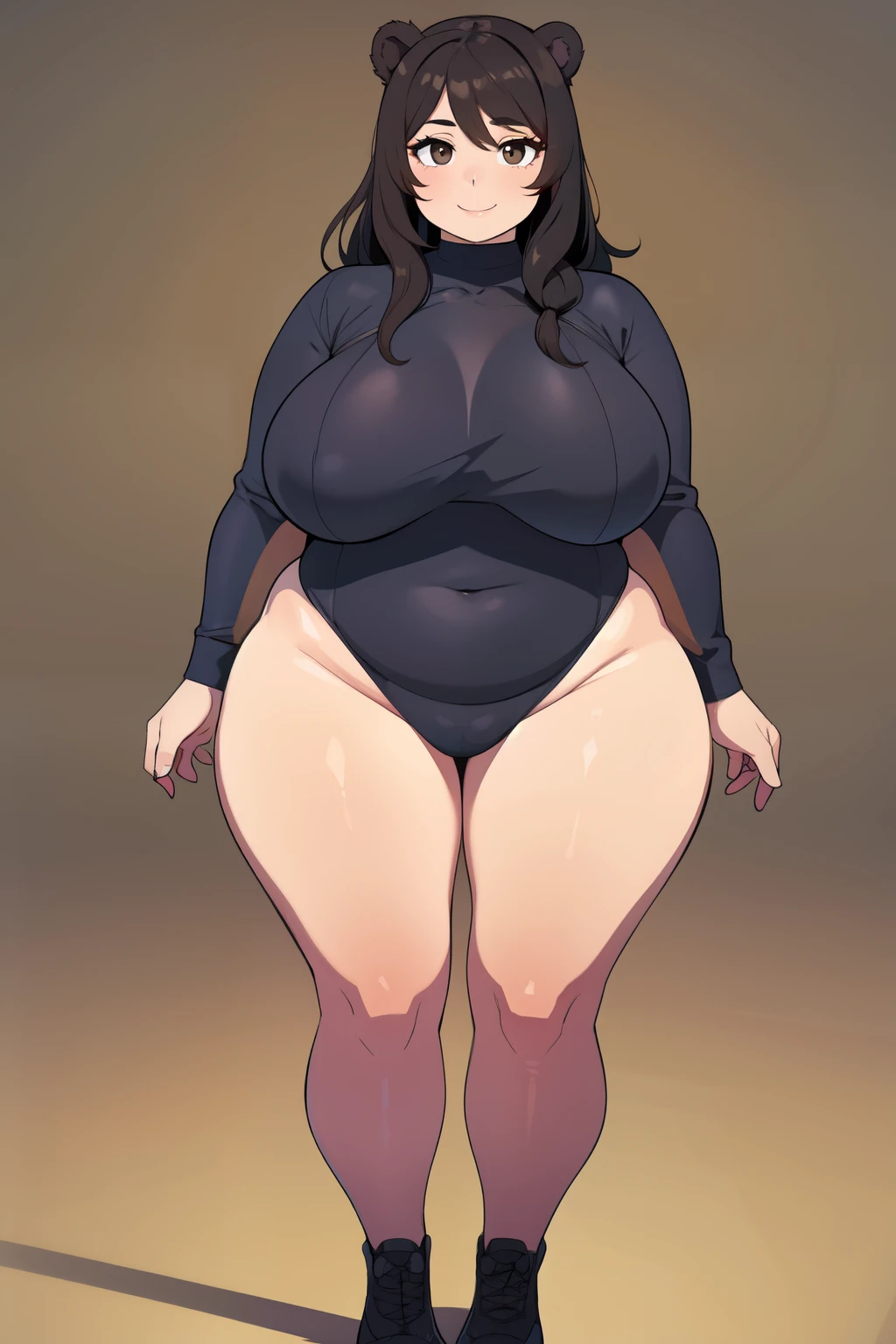 Plump year 21 big breasts black hair brown eyes chubby smile bear girl black leotard longer hair