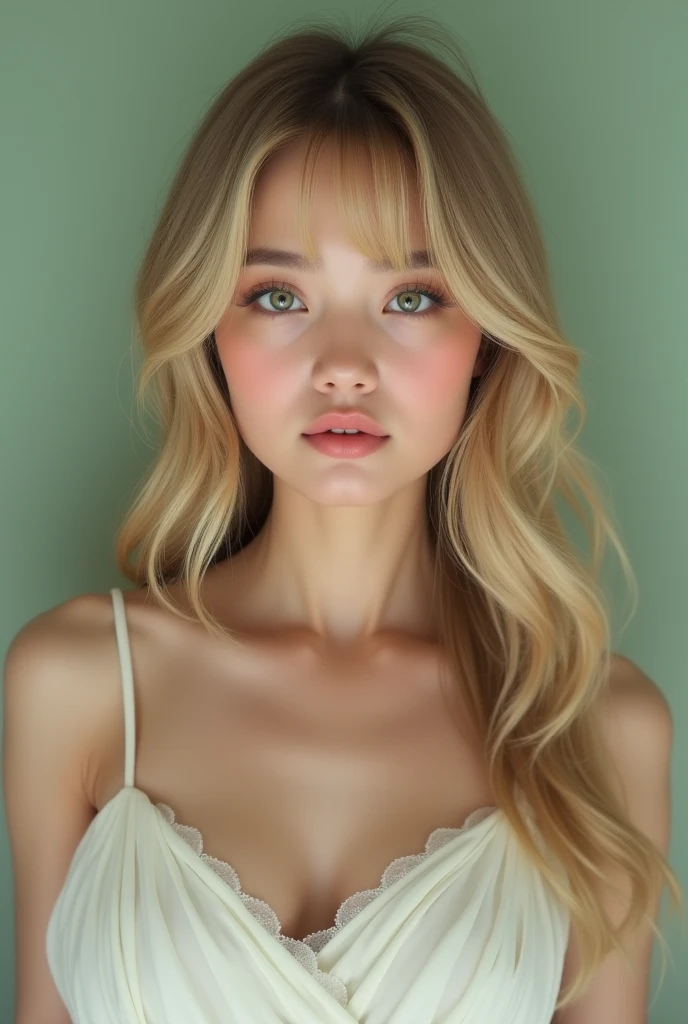 (photorealism:1) A white skin, light blonde, pretty 20 y/o girl, with big green eyes, straight nose and full lips. Soft face features. Very long medium wavy hair with fringe. Wearing a white dress. With a light green background.