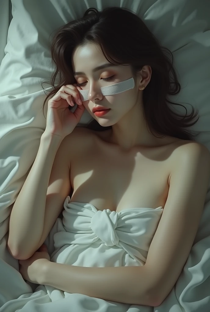 woman lying down, with bandage on the face