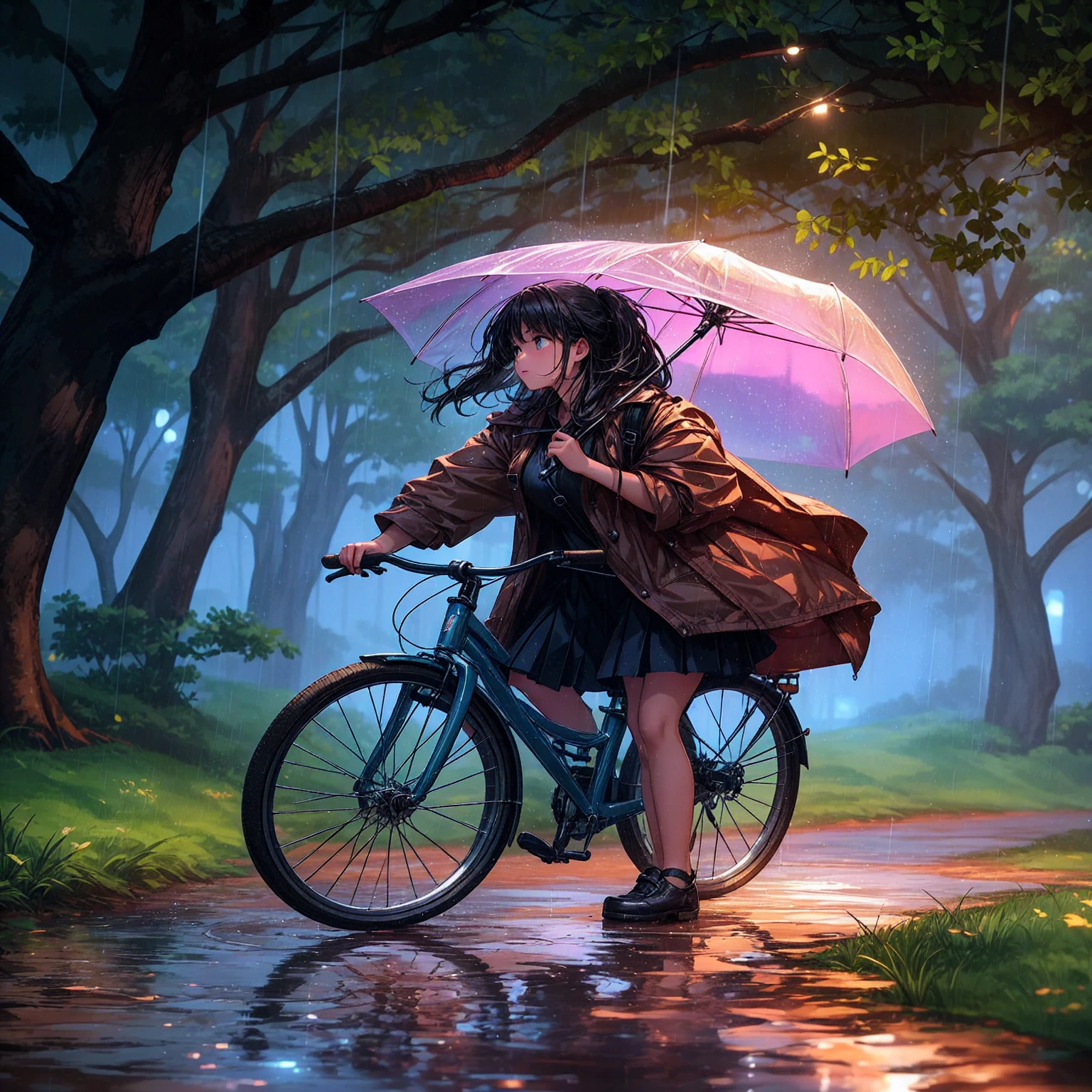 Setting and Environment: The scene is set in a tranquil, rain-soaked park or forest pathway during the early evening or late afternoon. The atmosphere is serene, with a soft rain lightly falling, creating a reflective, almost magical ambiance. The pathway is lined with lush green grass and tall, leafy trees, their branches swaying gently in the rain. The wet ground reflects the subtle glow of scattered lights, likely from nearby lamps or distant buildings, casting warm hues that contrast against the cool, bluish tones of the shaded areas under the trees.Main Character: A young girl is the focus of the scene, captured mid-motion as she walks her bicycle along the rain-slicked path. She holds a transparent umbrella with a soft, purplish-pink glow, likely from the reflections of nearby lights or the setting sun, adding a gentle warmth to the otherwise cool-toned environment. Her expression is one of quiet contentment, perhaps lost in thought or enjoying the peaceful solitude the rain provides. Her dark hair is slightly damp, with a few strands clinging to her face, emphasizing the soft drizzle that envelops the scene.She wears a light brown, oversized jacket that appears slightly worn, giving her a cozy, casual appearance. Underneath, she has on a dark skirt that reaches just above her knees, and her legs are bare, showing a few raindrops clinging to her skin. Her shoes are practical and slightly wet from the rain, indicating that she has been walking for a while.Accessories and Props: The girl carries a backpack, slung over her shoulders, which seems lightly packed, suggesting she might be returning home or taking a leisurely ride. The bicycle she walks is a simple, classic model, painted in a muted blue color, with thin tires that leave faint tracks in the wet ground. The handlebars are lightly gripped by her left hand as she uses her right hand to hold the umbrella, indicating a relaxed, unhurried pace.Camera View and Composition: The camera angle is set slightly be