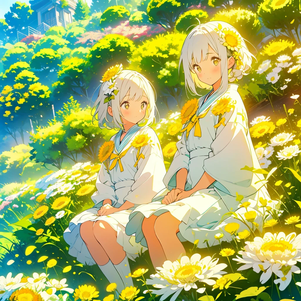 Two girls on a hill with small white chrysanthemums with yellow centers at their feet、Netherlands and Japan、Detailed facial expressions