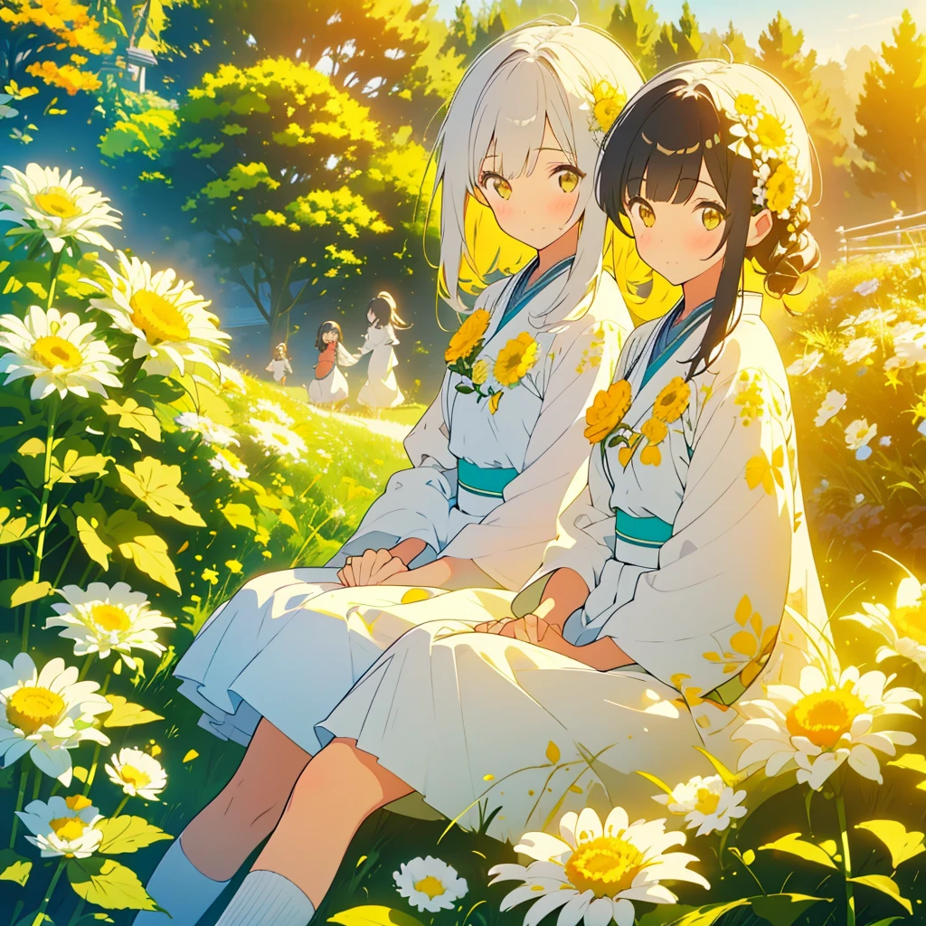 Two girls on a hill with small white chrysanthemums with yellow centers at their feet、Netherlands and Japan、Detailed facial expressions