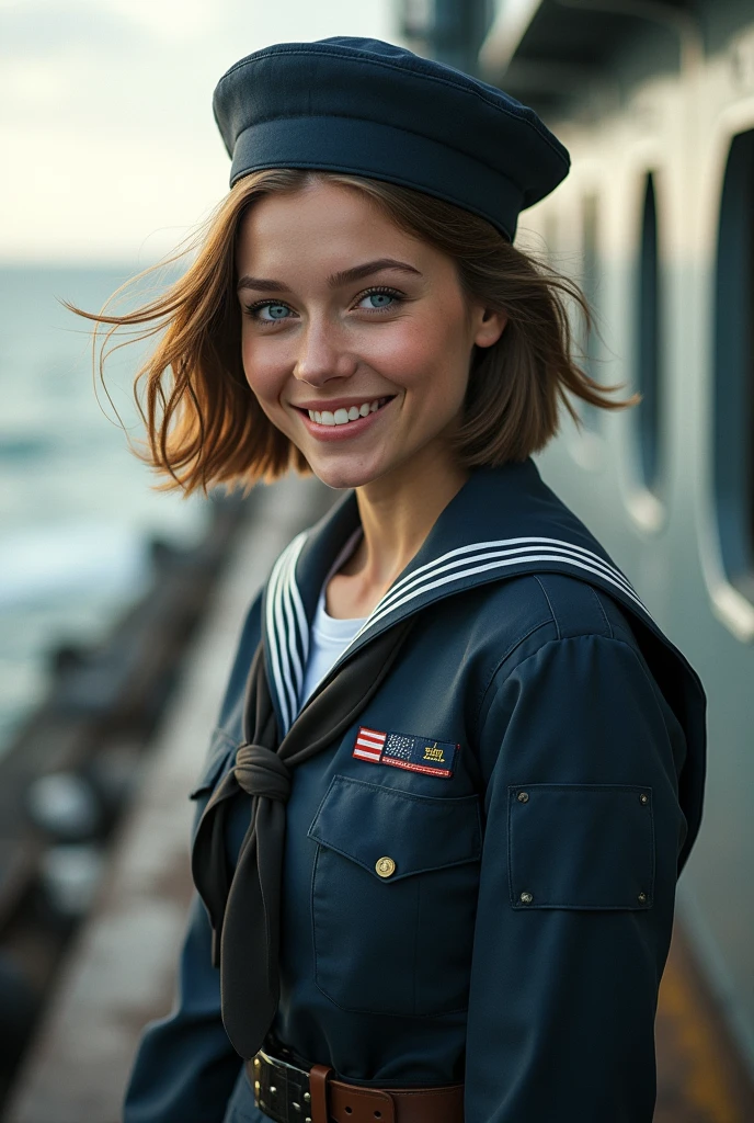 {{masterpiece, Best Quality, Extremely detailed CG, unity wallpaper 8k, cinematic lighting, }}, Sony α7, wide frame, South Pacific, during the war with the Asian powers, wind blowing on the Aegis ship, 1 girl, Whole body, smile, She is a sailor in the US Navy., Caucasian, 20 years, smile, by rubio, short bob, blue eyes , long eyelashes ,