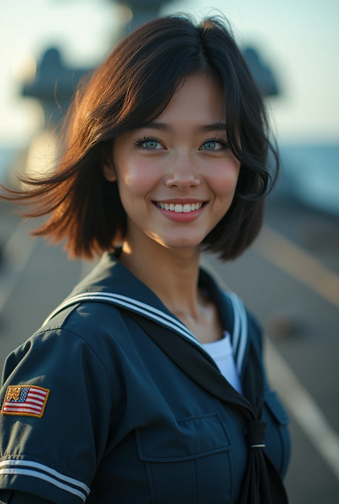 {{masterpiece, Best Quality, Extremely detailed CG, unity wallpaper 8k, cinematic lighting, }}, Sony α7, wide frame, South Pacific, during the war with the Asian powers, wind blowing on the Aegis ship, 1 girl, Whole body, smile, She is a sailor in the US Navy., Caucasian, 20 years, smile, by rubio, short bob, blue eyes , long eyelashes ,