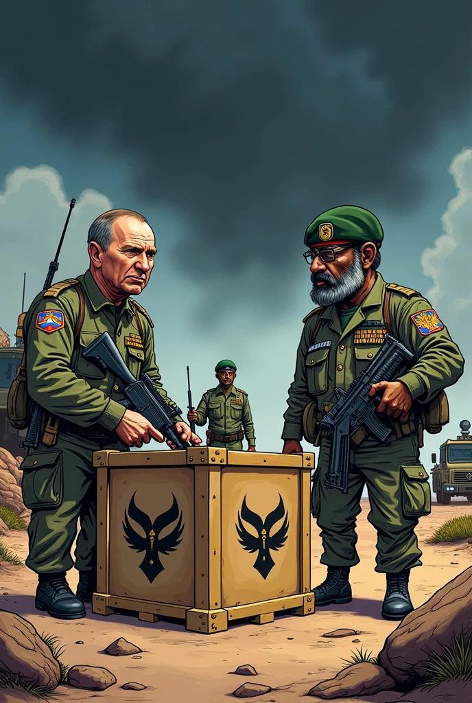 Cartoon about Russia delivering weapons to terrorist groups in Africa.
