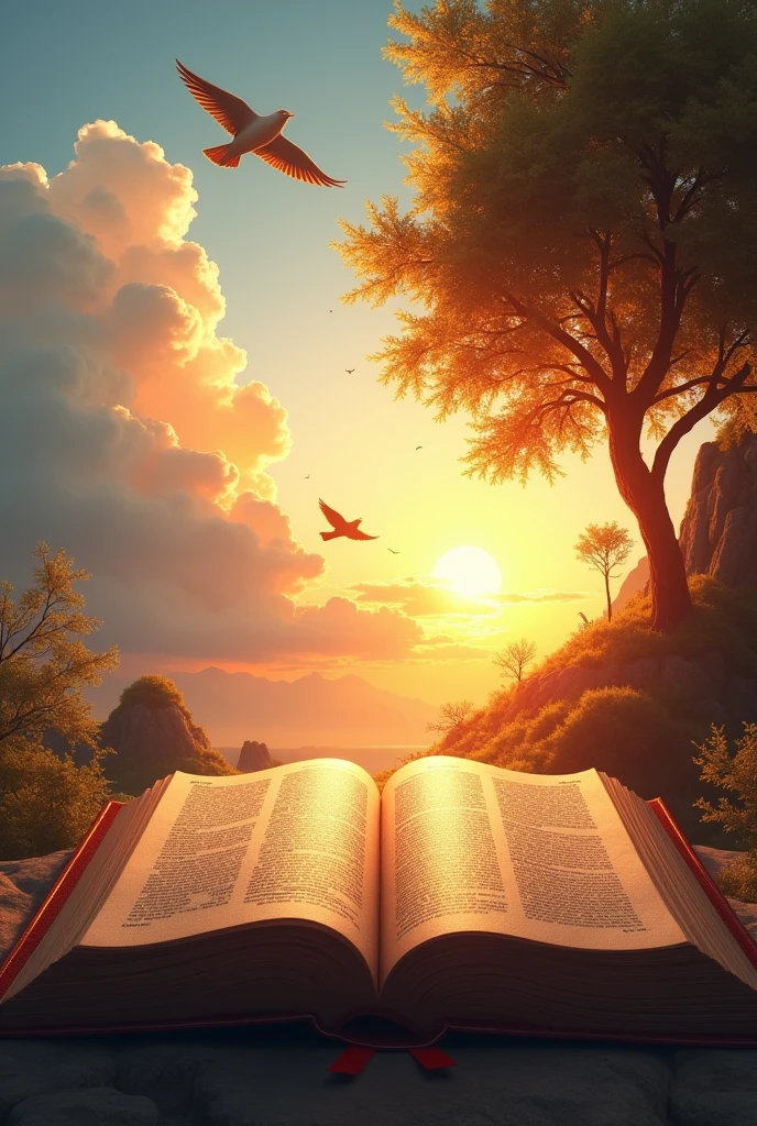 open bible in the corner of the image,above birds that symbolize the holy spirit,on the other side a bush on fire
