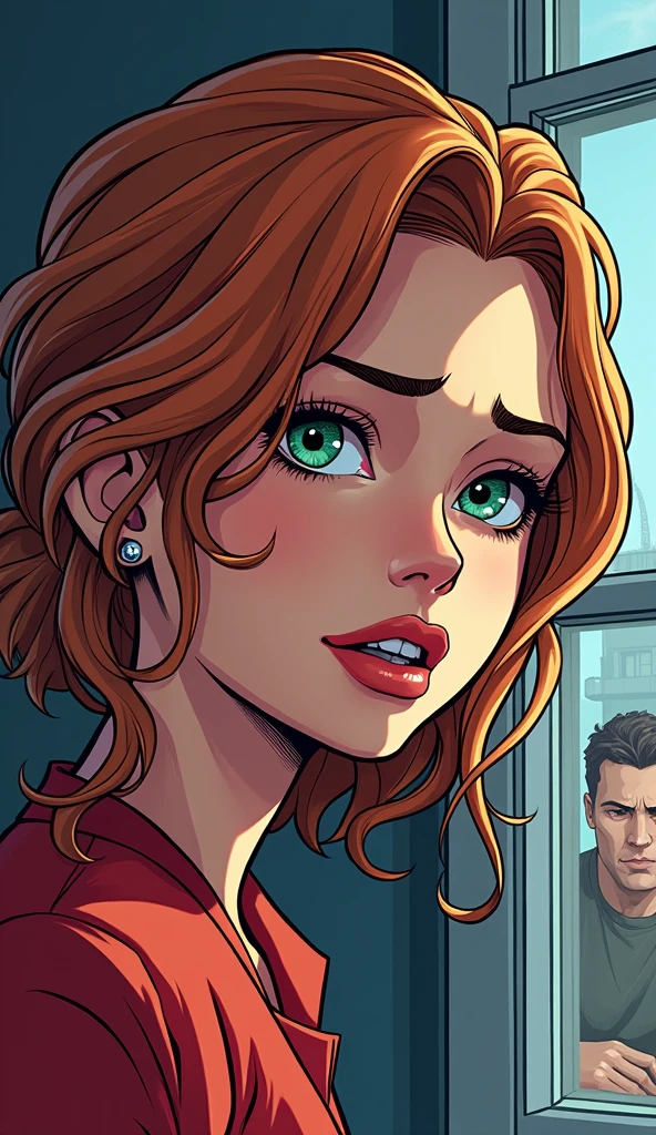 new modern style comics books, close -up portrait for merry jane through bock on peter parker in the house peter parker sad, crying