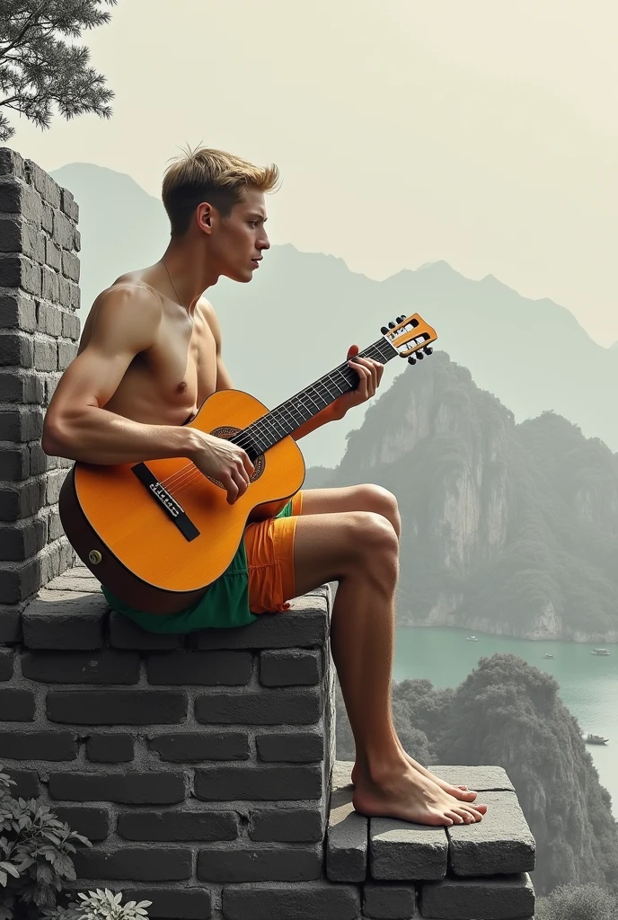 In henry_tuke_scott+roberto_ferri art style ((a young man in Roberto Ferri style, Latino, slim toned fitness body, defined muscles, perfect anatomy, short blond straight hair, Roman nose, thin lips, square chin, diamond shaped face, barefoot, shirtless, wearing orange and green shorts, sitting on the great wall of china playing the guitar) (black and white Chinese painting style background, you can see the Great Wall of China, ancient fishing boats at sea) evokes masculine beauty and art.