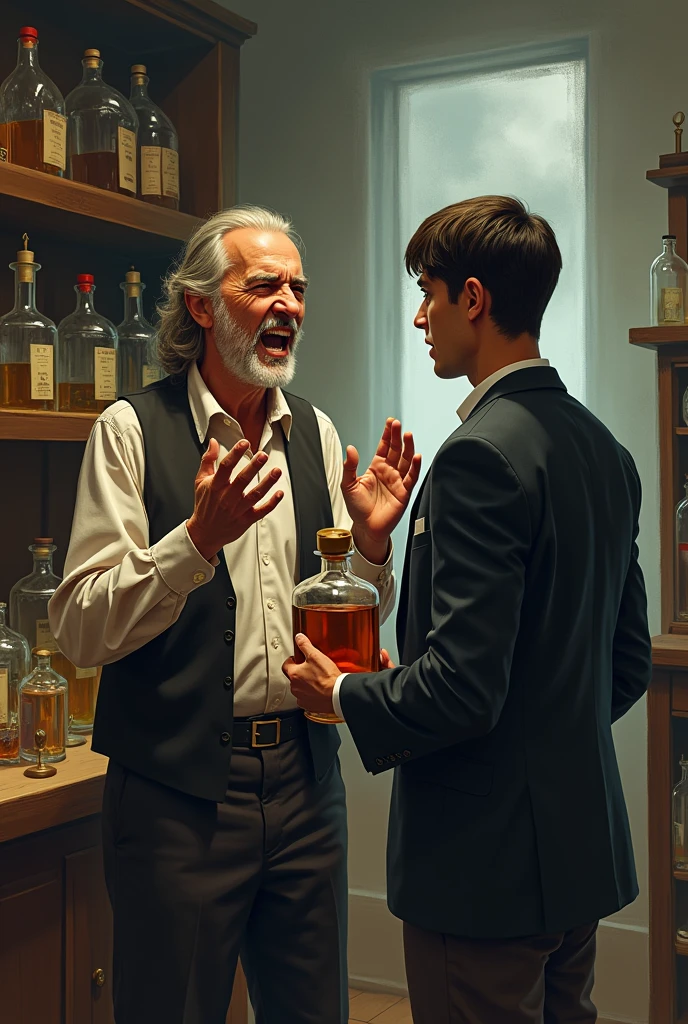 Master perfumer shouting exasperated and angry that that giant bottle that the young man has in his hands is alcohol sitting from afar