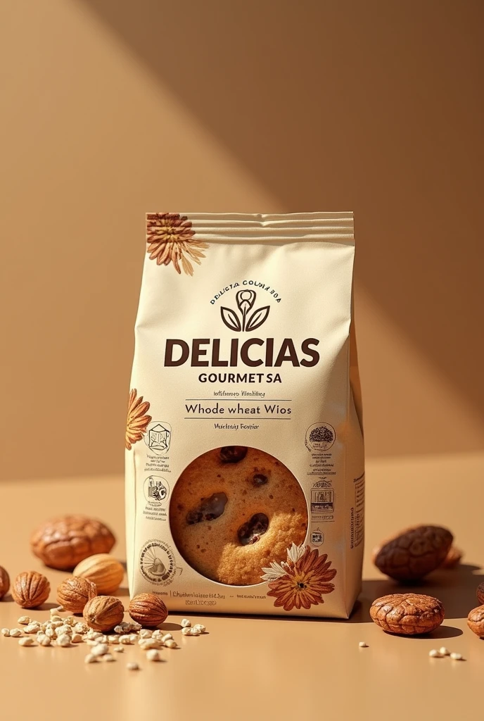 (photorealism:1.2), Propose a graphic design of a company called "DELICIAS GOURMET SA" which specializes in whole wheat cookies with nuts, several small horizontal packages, de 138 g, that is most attractive to the target consumer, that conveys the image of a healthy product and complies with labeling regulations (nutritional information, ingredients, etc.)