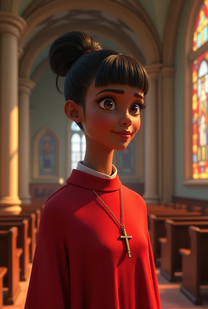 Pixar-inspired 3D poster of a young black woman with straight hair in a bun, wearing a RED acolyte's robe ,with a small crucifix around his neck, inside a church