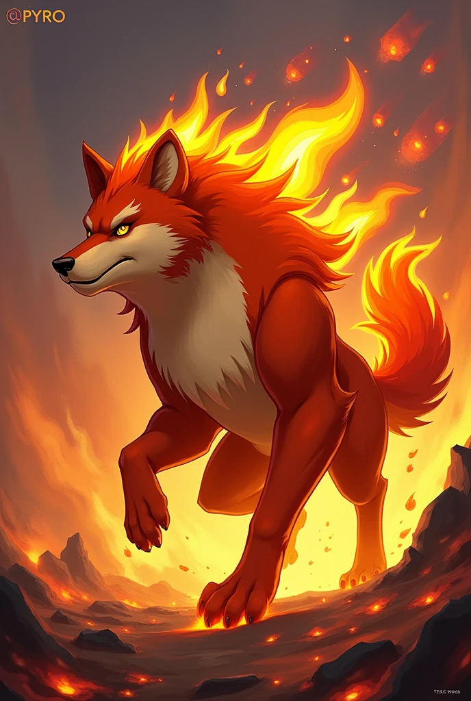 Create a 2D stylized illustration of 'Pyro,' a dog-like creature representing the fire element. Pyro should be in a dynamic, action-oriented pose, with flames subtly incorporated into its fur. The background should feature a fiery environment with sparks, ash, and a backdrop of glowing magma, creating a striking contrast that highlights Pyro’s power. The scene should feel alive with movement, reflecting the energy and intensity of the fire element.