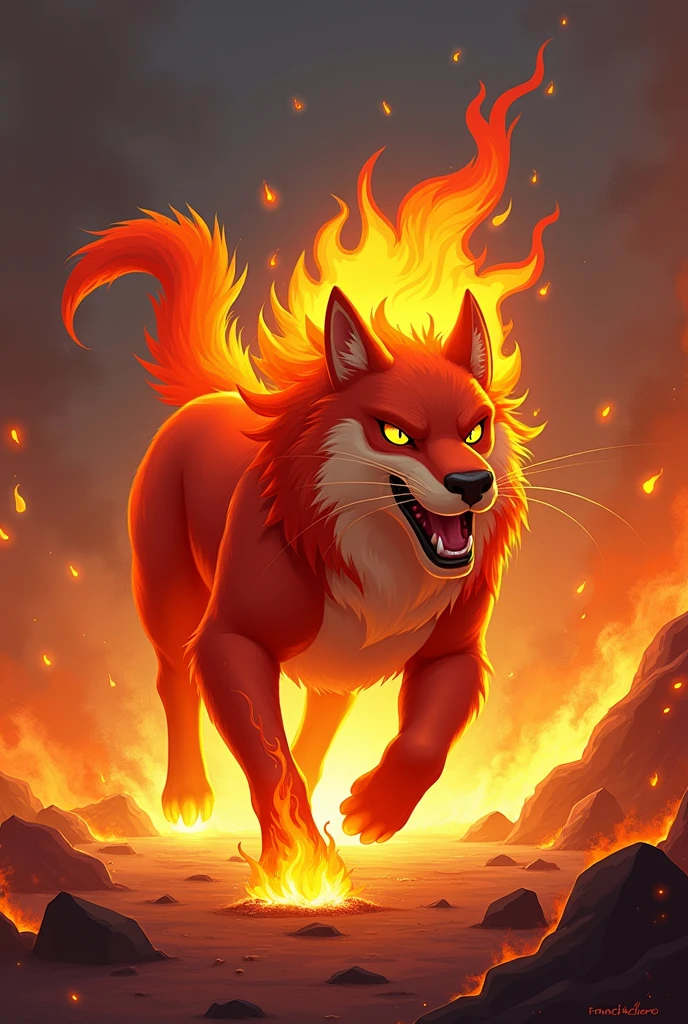Create a 2D stylized illustration of 'Pyro,' a dog-like creature representing the fire element. Pyro should be in a dynamic, action-oriented pose, with flames subtly incorporated into its fur. The background should feature a fiery environment with sparks, ash, and a backdrop of glowing magma, creating a striking contrast that highlights Pyro’s power. The scene should feel alive with movement, reflecting the energy and intensity of the fire element.