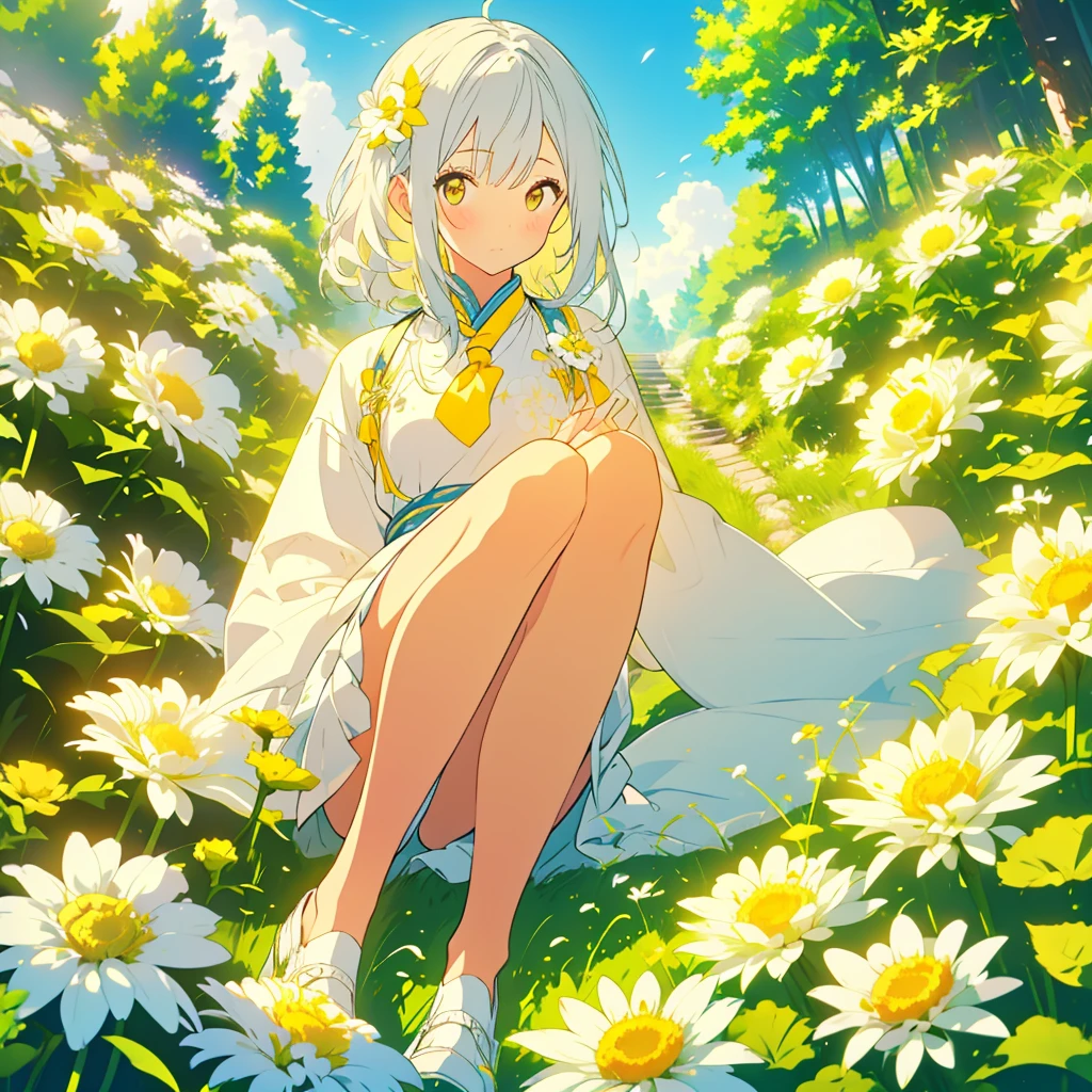 A girl on a hill with small white chrysanthemums with yellow centers at her feet、foreign country、Detailed facial expressions