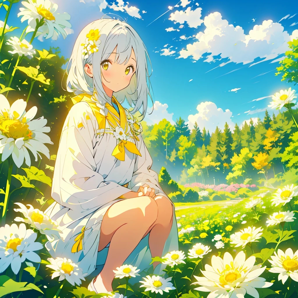 A girl on a hill with small white chrysanthemums with yellow centers at her feet、foreign country、Detailed facial expressions