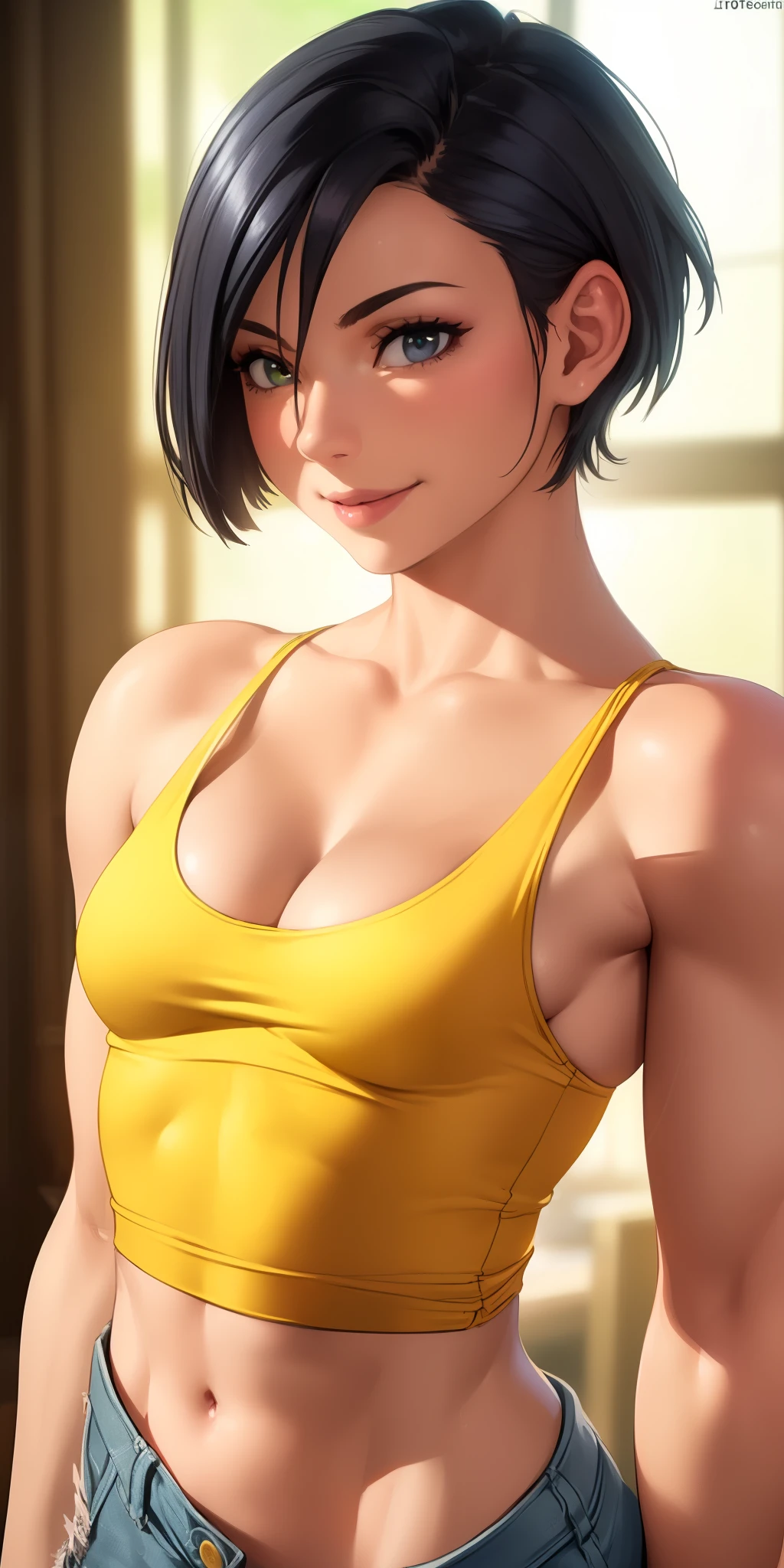 (best quality, ultra-detailed, photorealistic: 1.39), bright and vibrant colors, studio lighting, romantic expression, love smile, Beautiful terry tank top, daring y panight fabric, undercut platinum bobcut black hair, small breasts, fcular, short hair, mercenary, sensual pose, cleavage, sidecutouse
