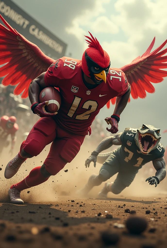 red bird playing american football and making touchdown against an alligator in war atmosphere on the field