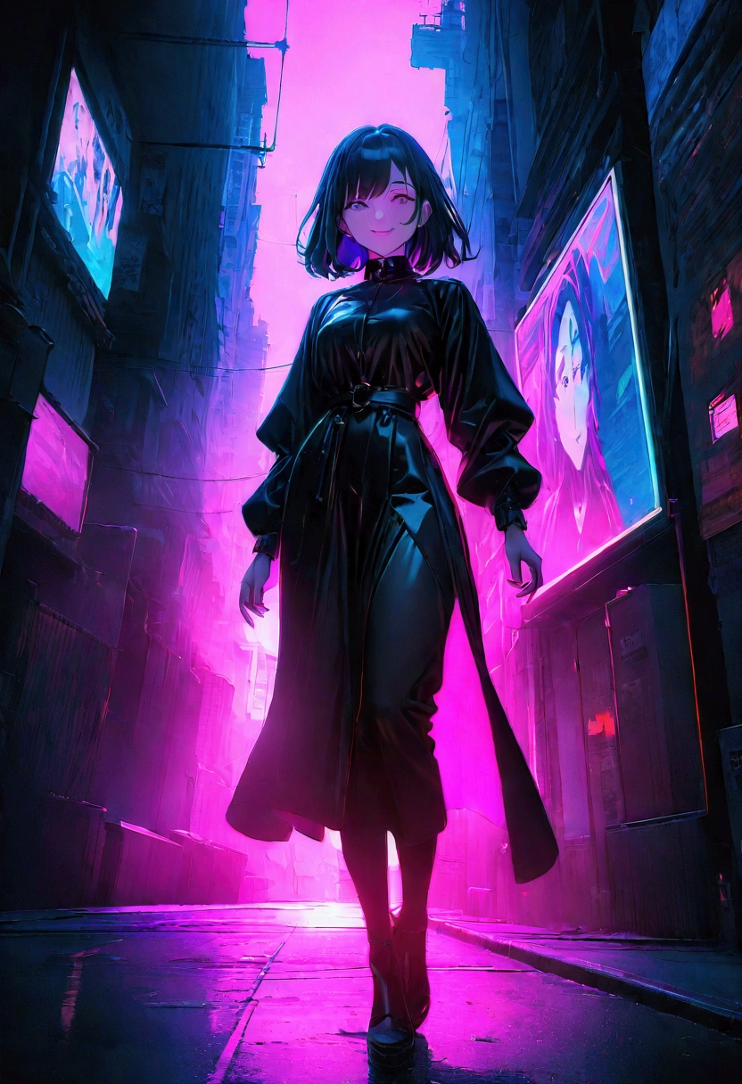 (8k, RAW Photos, highest quality, masterpiece: 1.2), beautyfull woman 30 years old, cyberpunk, animation, fantastic and mysterious background, high saturation, high contrast, smiling face, full body shot  