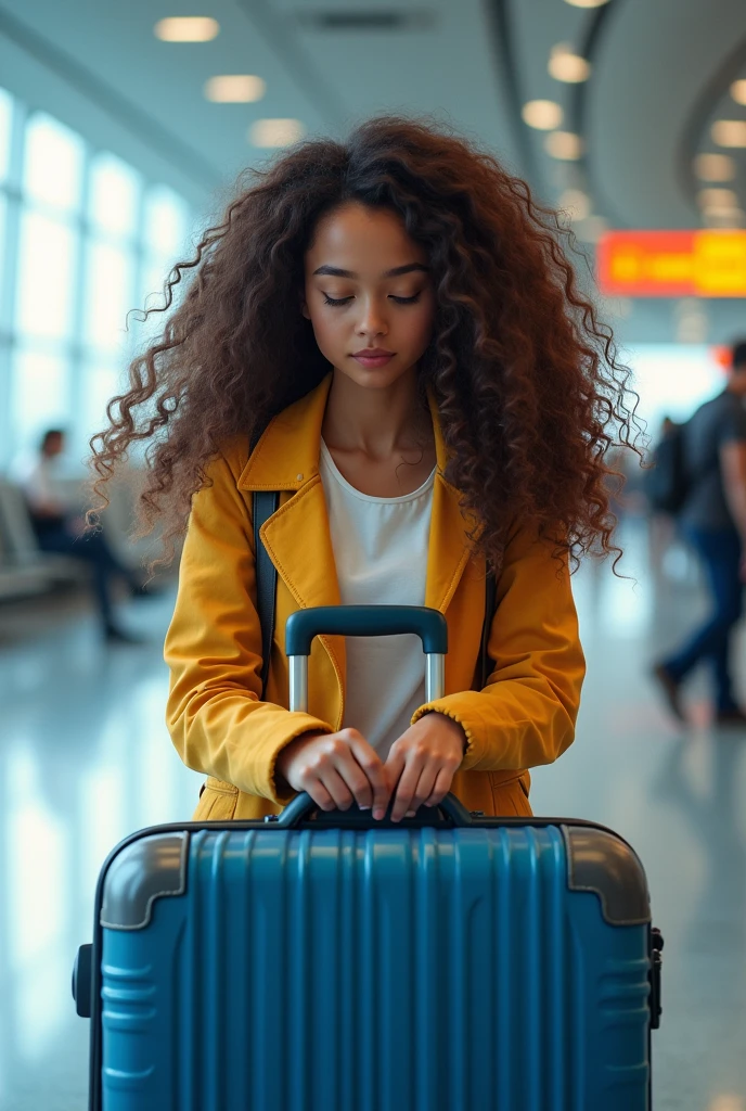 Draw a curly haired girl with a blue suitcase at the airport and have her eyes on her 