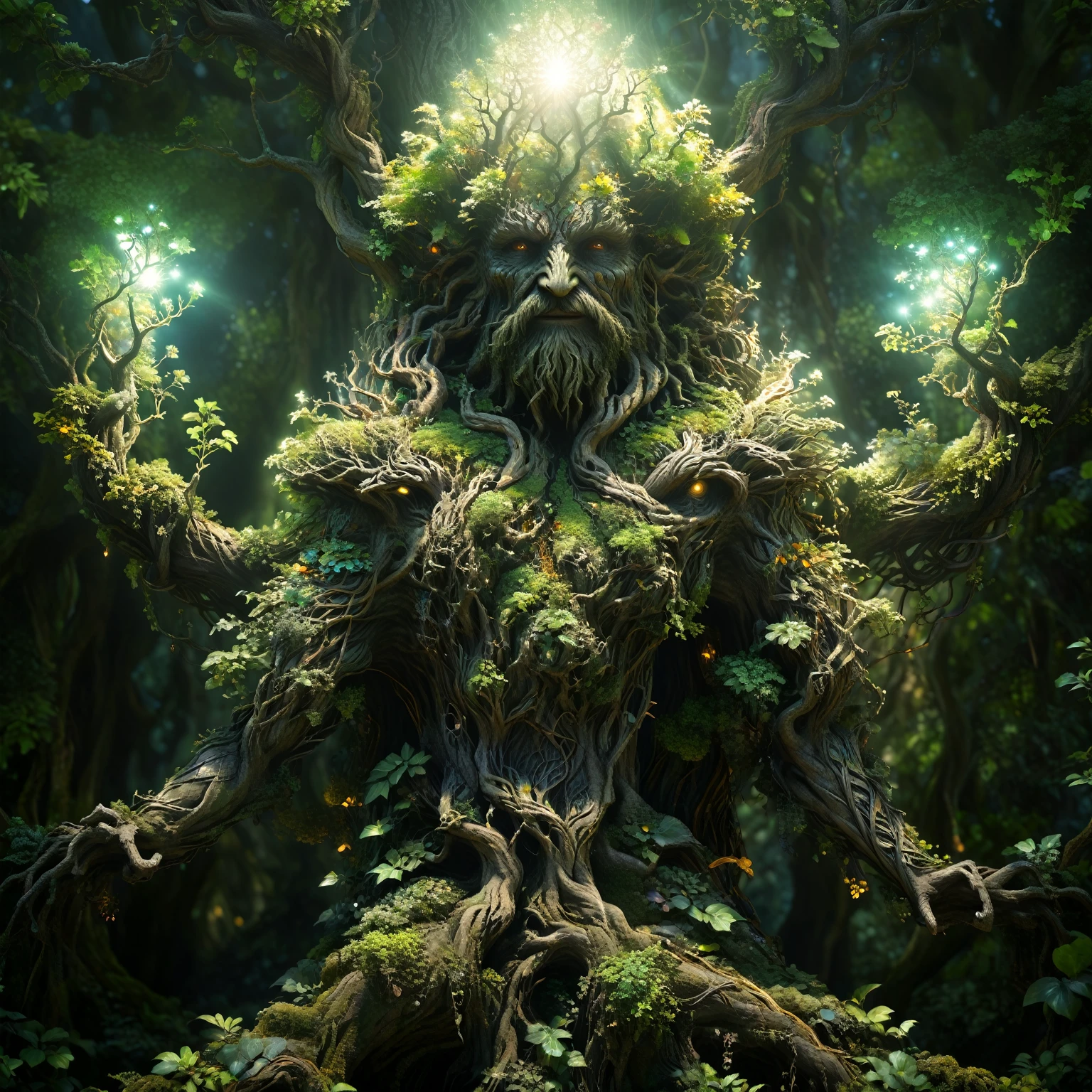 a magical treebeard using nature's power to heal, art nouveau style, ultra-detailed, 8k, highly realistic, dramatic lighting, vivid colors, intricate patterns, organic textures, ethereal atmosphere, fantasy, lush vegetation, glowing magical energy, radiant colors, dramatic shadows and highlights, masterpiece