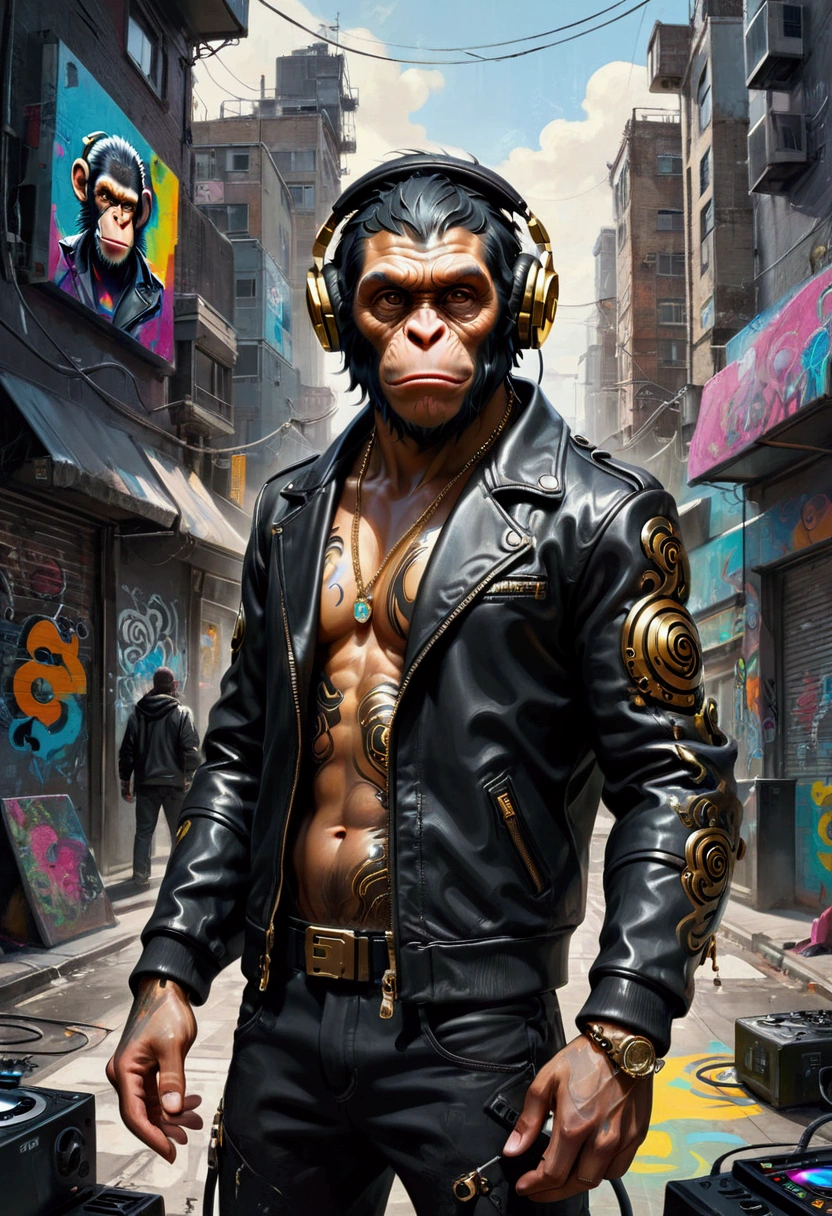 1boy, black leather jacket, Chimpanzee head, wide angle full length photo of a cyberpunk chimpanzee wearing DJ headphones, tick gold neckless, intricate, detailed, hairy body, dynamic pose, a panoramic view of a cyberpunk street in the background, intricate detailed, cinematic production still, RAW photo, digital illustration, graffiti art, splash art, street art, spray paint, oil gouache melting, acrylic, high contrast, colorful polychromatic, ultra detailed, ultra quality, CGSociety, masterpiece, best quality, very aesthetic, absurdres
