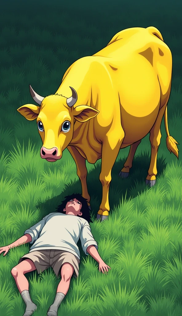 Anime: A very bright yellow cow, in front of it a human corpse lying on the ground, and behind it green grass 