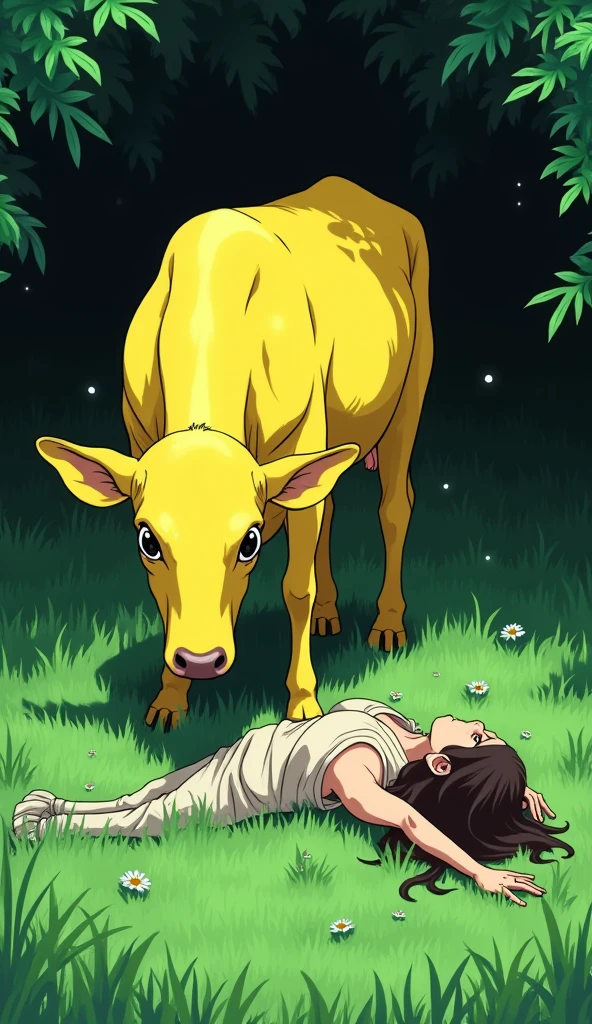 Anime: A very bright yellow cow, in front of it a human corpse lying on the ground, and behind it green grass