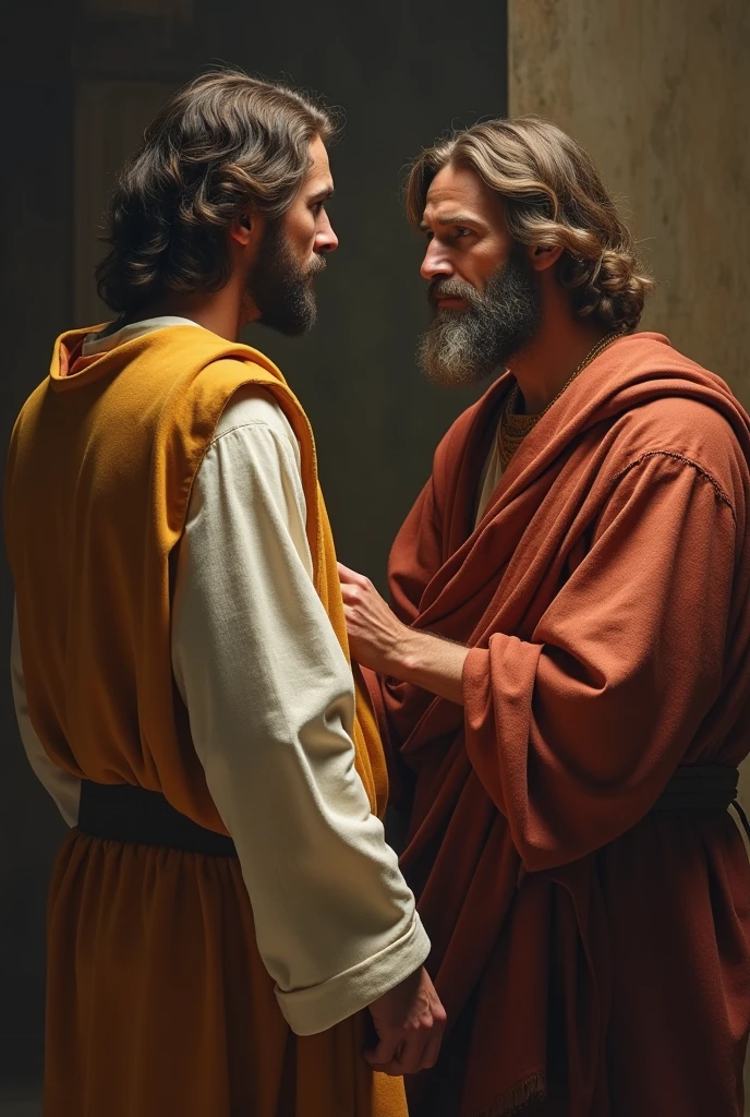 ((best quality)), ((masterpiece)), (detailed), perfect face
Bartimeu, taken to Jesus, is standing before him. Jesus looks with compassion at the blind man and calmly asks: &#39;What do you want me to do for you??&#39; as Bartimaeus responds with hope