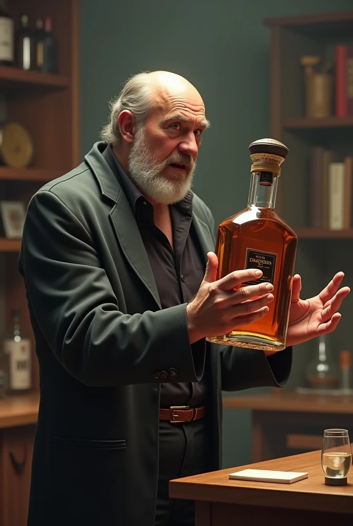 Master perfumer sitting from a distance shouting exasperated and angry that the giant bottle the young man has in his hands is alcohol
