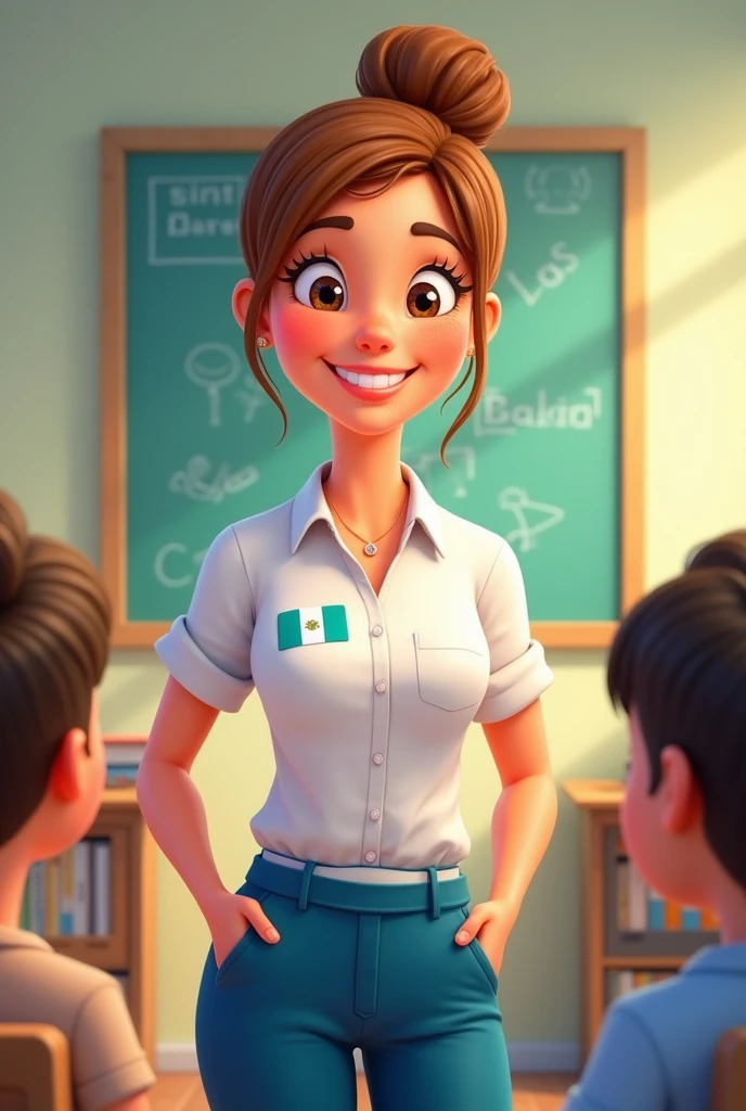 Cartoon female teacher with white shirt and blue pants, Brown hair, Guatemala flag shirt 
