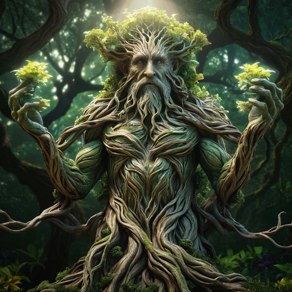 a magical treebeard using nature's power to heal, art nouveau style, ultra-detailed, 8k, highly realistic, dramatic lighting, vivid colors, intricate patterns, organic textures, ethereal atmosphere, fantasy, lush vegetation, glowing magical energy, radiant colors, dramatic shadows and highlights, masterpiece