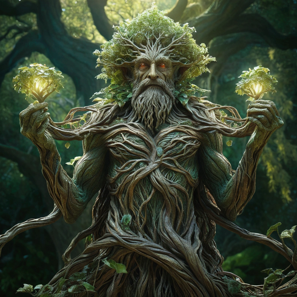 a magical treebeard using nature's power to heal, art nouveau style, ultra-detailed, 8k, highly realistic, dramatic lighting, vivid colors, intricate patterns, organic textures, ethereal atmosphere, fantasy, lush vegetation, glowing magical energy, radiant colors, dramatic shadows and highlights, masterpiece